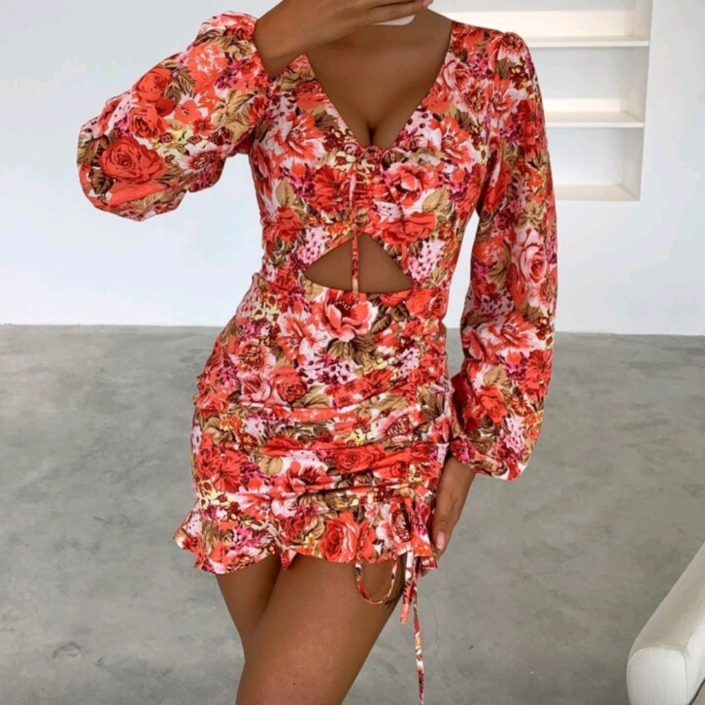 Floral Long Sleeve Dress W Cut Out Adjustable Rushing To Top & Left Bottom W Tie